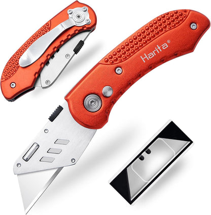 Box Cutter Retractable, Folding Utility Knife with Aluminum Handle, Heavy Duty Knife, Back-lock Mechanism, Stainless Belt Clip, for Carpet, Carton, Box, Cardboard, with 5-piece Extra Blades (Pink)