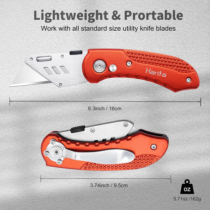 Box Cutter Retractable, Folding Utility Knife with Aluminum Handle, Heavy Duty Knife, Back-lock Mechanism, Stainless Belt Clip, for Carpet, Carton, Box, Cardboard, with 5-piece Extra Blades (Pink)