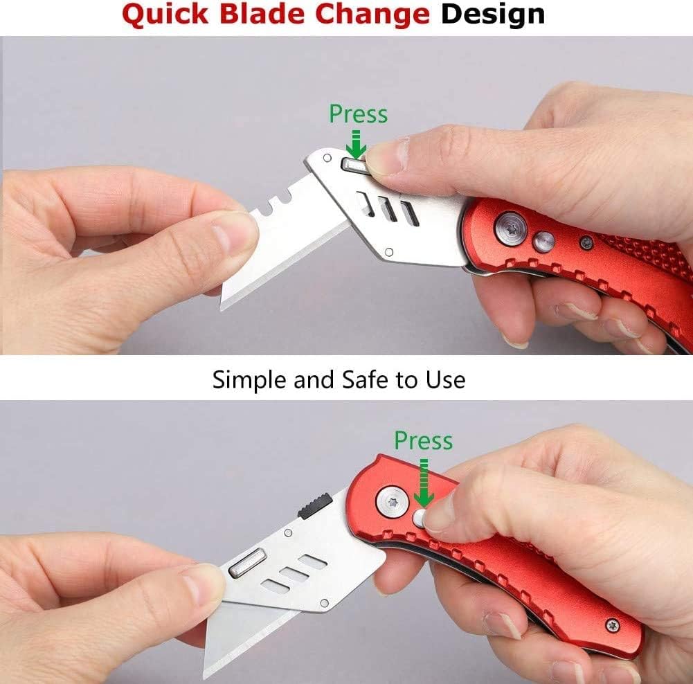 Box Cutter Retractable, Folding Utility Knife with Aluminum Handle, Heavy Duty Knife, Back-lock Mechanism, Stainless Belt Clip, for Carpet, Carton, Box, Cardboard, with 5-piece Extra Blades (Pink)