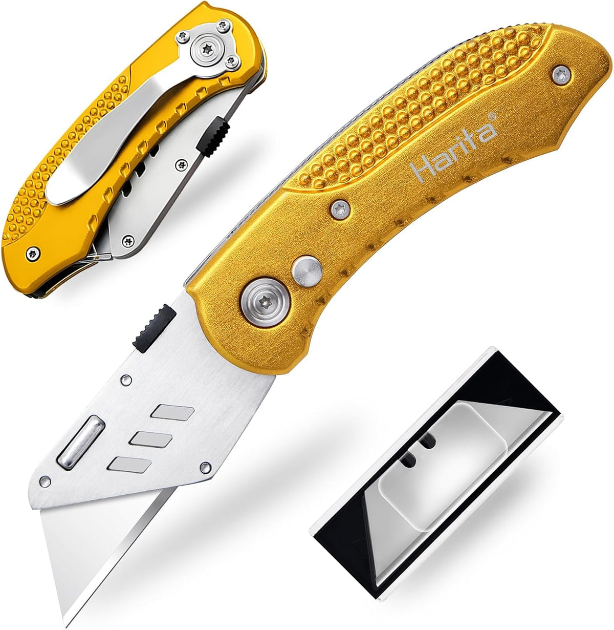 Box Cutter Retractable, Folding Utility Knife with Aluminum Handle, Heavy Duty Knife, Back-lock Mechanism, Stainless Belt Clip, for Carpet, Carton, Box, Cardboard, with 5-piece Extra Blades (Pink)