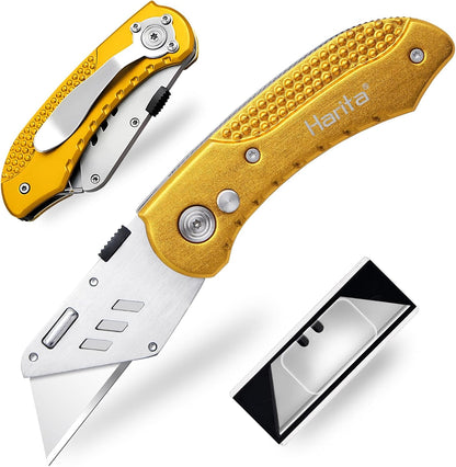 Box Cutter Retractable, Folding Utility Knife with Aluminum Handle, Heavy Duty Knife, Back-lock Mechanism, Stainless Belt Clip, for Carpet, Carton, Box, Cardboard, with 5-piece Extra Blades (Pink)