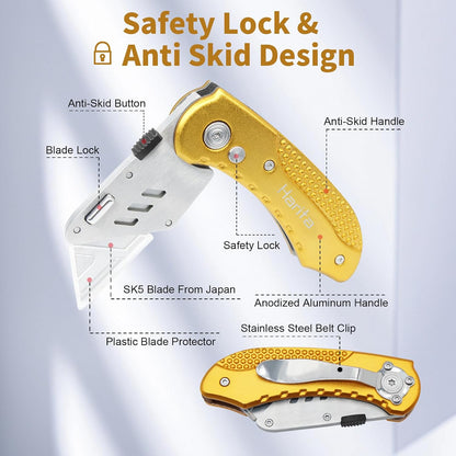 Box Cutter Retractable, Folding Utility Knife with Aluminum Handle, Heavy Duty Knife, Back-lock Mechanism, Stainless Belt Clip, for Carpet, Carton, Box, Cardboard, with 5-piece Extra Blades (Pink)