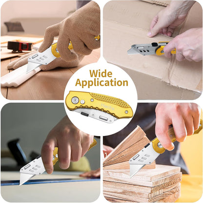 Box Cutter Retractable, Folding Utility Knife with Aluminum Handle, Heavy Duty Knife, Back-lock Mechanism, Stainless Belt Clip, for Carpet, Carton, Box, Cardboard, with 5-piece Extra Blades (Pink)