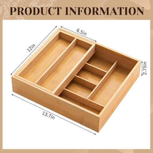 Double Bamboo Kitchen Drawer Organizer, 2-tier Utensil Deep Drawer Organizer, Removable Utensil Holder and Cutlery Tray Storage for Chopsticks, Spoons, Forks, Various Tableware and Cookware