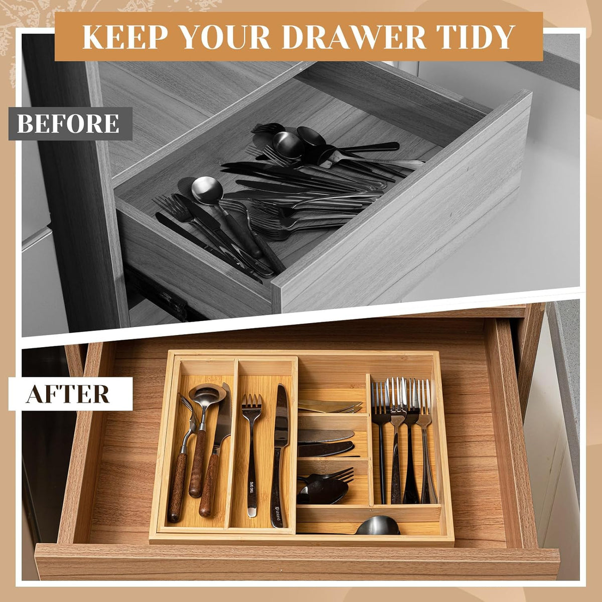 Double Bamboo Kitchen Drawer Organizer, 2-tier Utensil Deep Drawer Organizer, Removable Utensil Holder and Cutlery Tray Storage for Chopsticks, Spoons, Forks, Various Tableware and Cookware