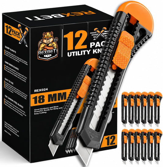 12-Pack Utility Knife, Retractable Box Cutter for Cartons, Cardboard and Boxes, 18mm Wider Razor Sharp Blade, Smooth Mechanism, Perfect for Office and Home use