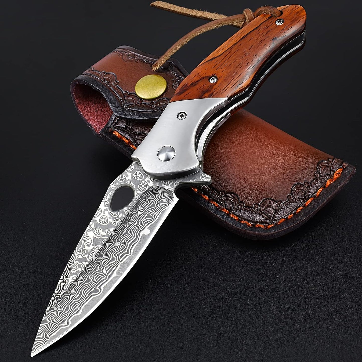 Damascus Pocket Knife for Men, VG10 Core Damascus Steel Folding Knife with Wood Handle, Ball Bearing, Thumb Hole, Liner Lock, Sheath for EDC Outdoor Survival Hunting