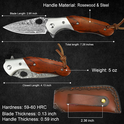 Damascus Pocket Knife for Men, VG10 Core Damascus Steel Folding Knife with Wood Handle, Ball Bearing, Thumb Hole, Liner Lock, Sheath for EDC Outdoor Survival Hunting