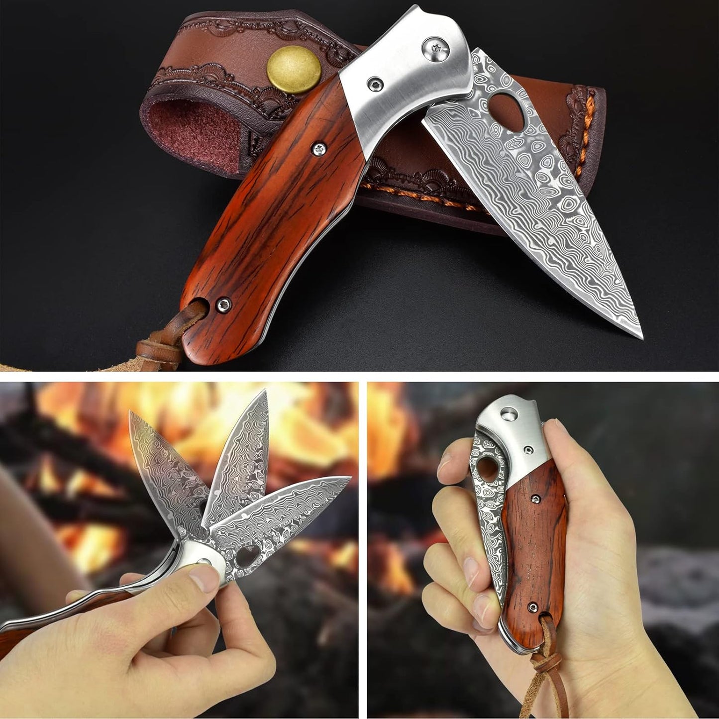 Damascus Pocket Knife for Men, VG10 Core Damascus Steel Folding Knife with Wood Handle, Ball Bearing, Thumb Hole, Liner Lock, Sheath for EDC Outdoor Survival Hunting