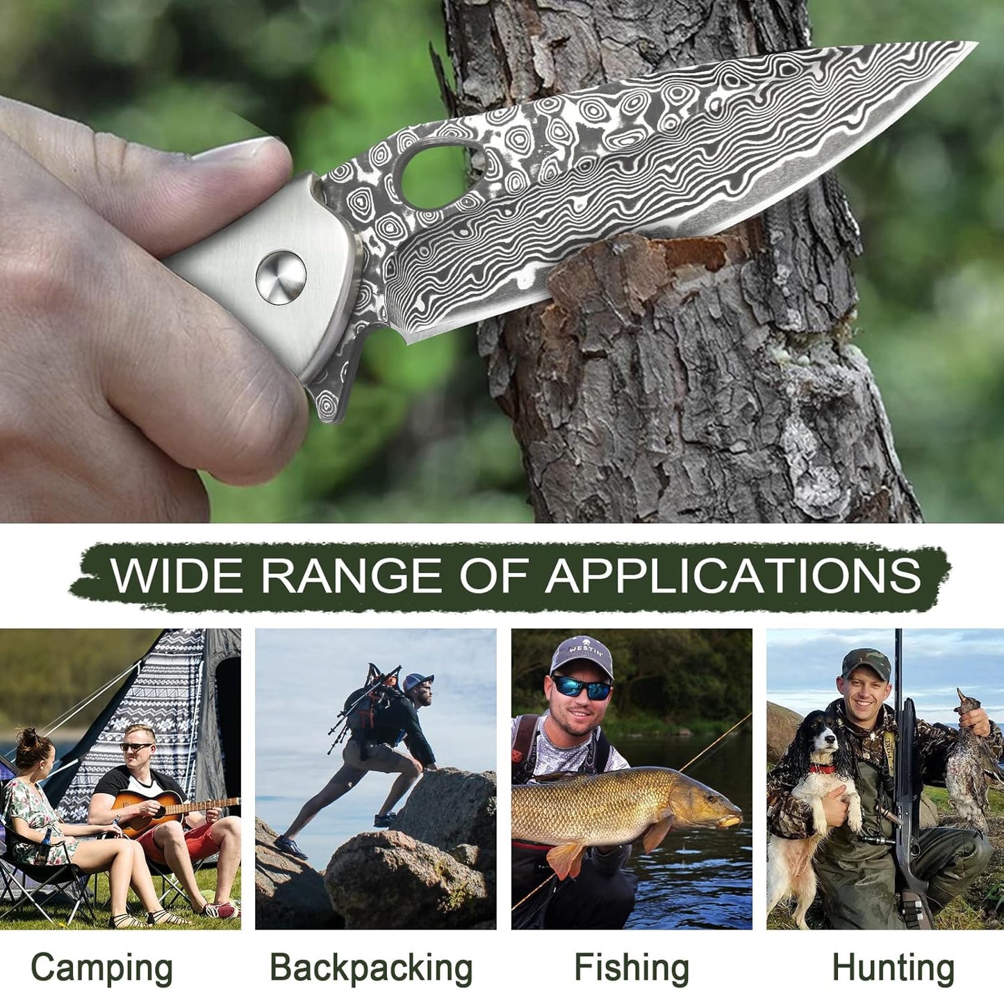 Damascus Pocket Knife for Men, VG10 Core Damascus Steel Folding Knife with Wood Handle, Ball Bearing, Thumb Hole, Liner Lock, Sheath for EDC Outdoor Survival Hunting