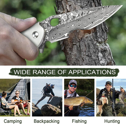 Damascus Pocket Knife for Men, VG10 Core Damascus Steel Folding Knife with Wood Handle, Ball Bearing, Thumb Hole, Liner Lock, Sheath for EDC Outdoor Survival Hunting