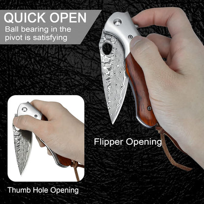 Damascus Pocket Knife for Men, VG10 Core Damascus Steel Folding Knife with Wood Handle, Ball Bearing, Thumb Hole, Liner Lock, Sheath for EDC Outdoor Survival Hunting