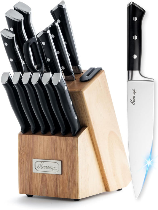 Knife Set, 15 PCS Full Tang Kitchen knife with Block and Sharpener | High Carbon German Stainless Steel Razor Sharp Knife Block Set, Dishwasher Safe, Ergonomic Handle Kitchen Utensils Set