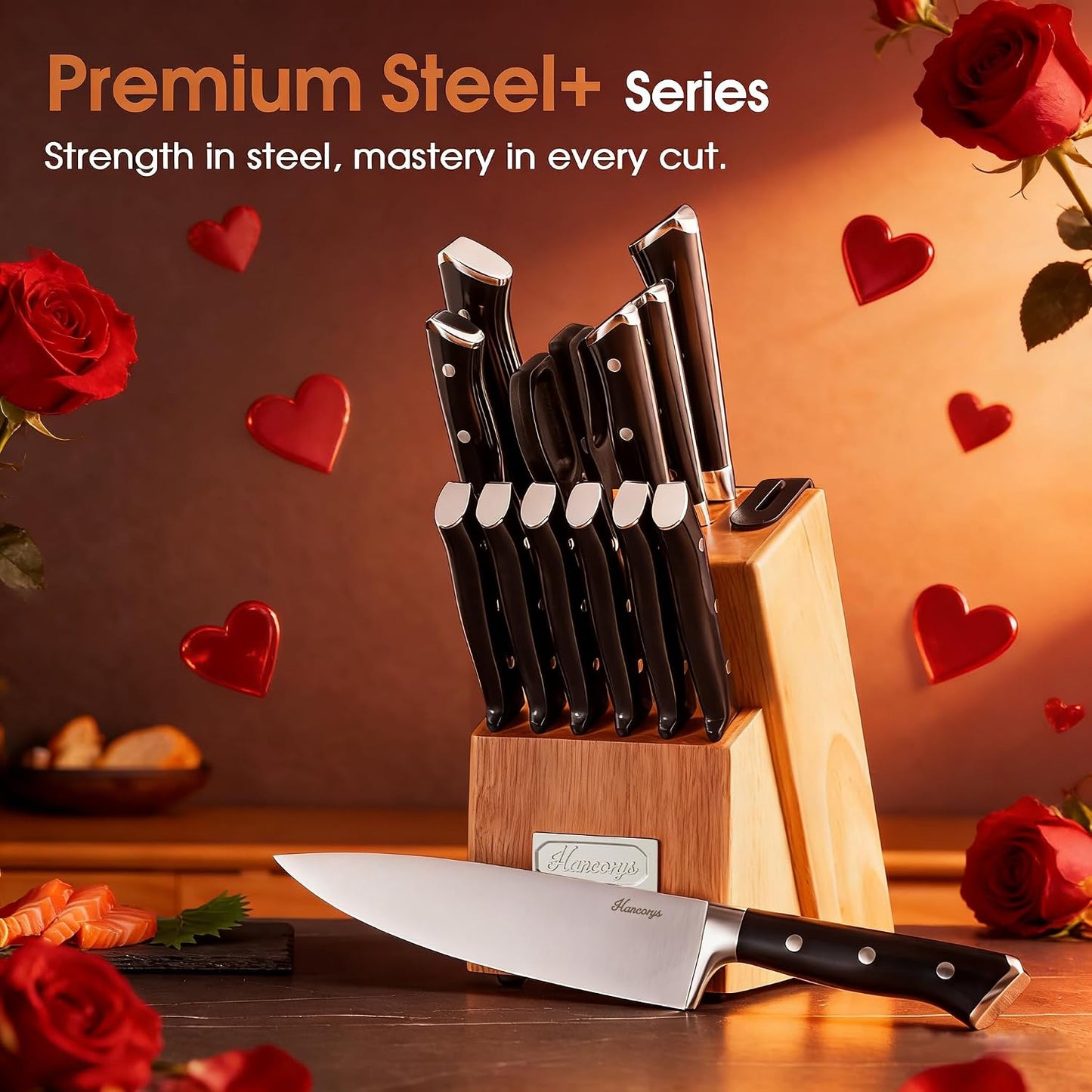 Knife Set, 15 PCS Full Tang Kitchen knife with Block and Sharpener | High Carbon German Stainless Steel Razor Sharp Knife Block Set, Dishwasher Safe, Ergonomic Handle Kitchen Utensils Set