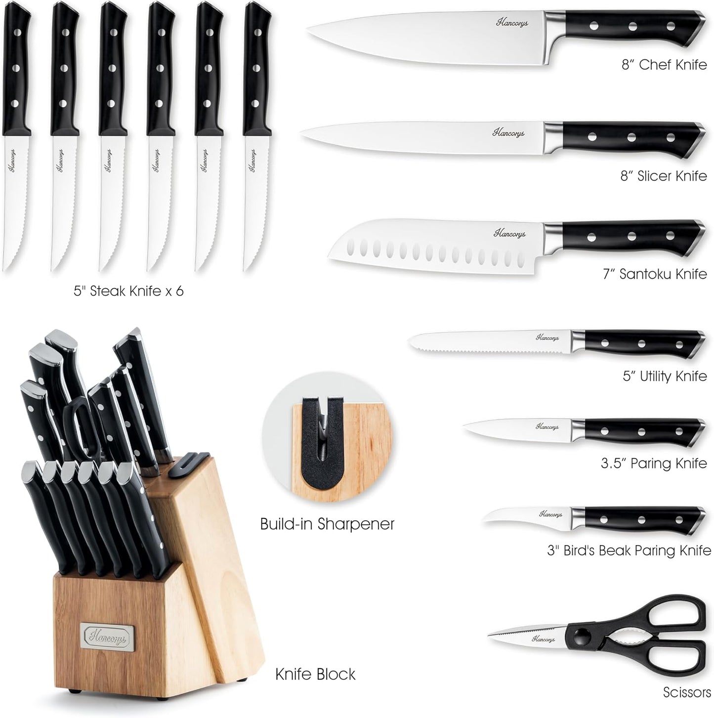 Knife Set, 15 PCS Full Tang Kitchen knife with Block and Sharpener | High Carbon German Stainless Steel Razor Sharp Knife Block Set, Dishwasher Safe, Ergonomic Handle Kitchen Utensils Set