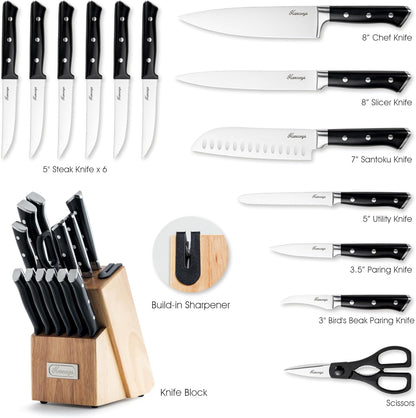 Knife Set, 15 PCS Full Tang Kitchen knife with Block and Sharpener | High Carbon German Stainless Steel Razor Sharp Knife Block Set, Dishwasher Safe, Ergonomic Handle Kitchen Utensils Set