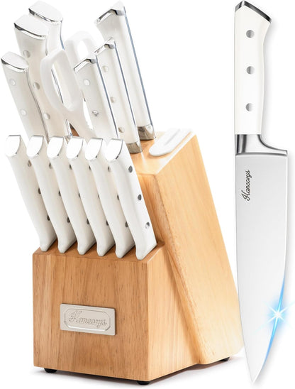 Knife Set, 15 PCS Full Tang Kitchen knife with Block and Sharpener | High Carbon German Stainless Steel Razor Sharp Knife Block Set, Dishwasher Safe, Ergonomic Handle Kitchen Utensils Set