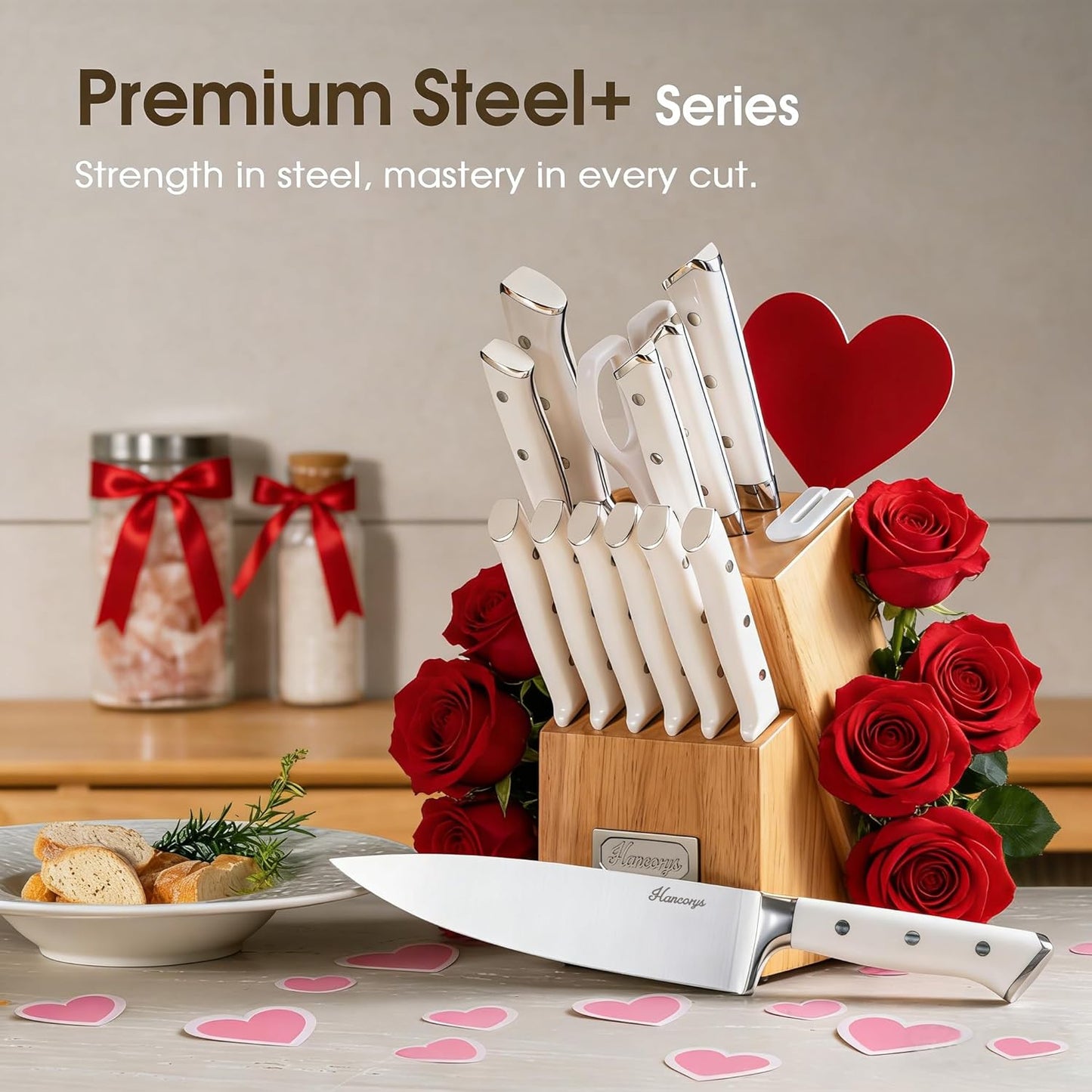 Knife Set, 15 PCS Full Tang Kitchen knife with Block and Sharpener | High Carbon German Stainless Steel Razor Sharp Knife Block Set, Dishwasher Safe, Ergonomic Handle Kitchen Utensils Set