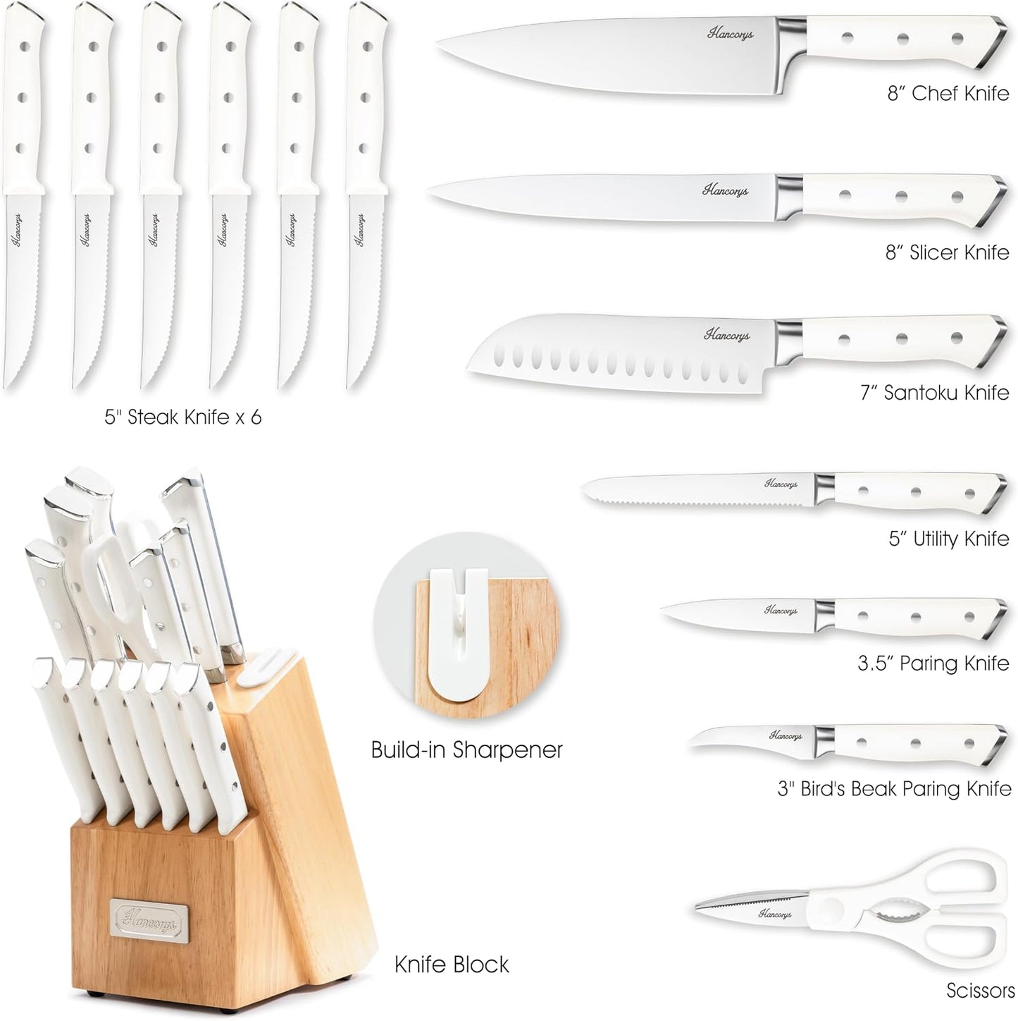 Knife Set, 15 PCS Full Tang Kitchen knife with Block and Sharpener | High Carbon German Stainless Steel Razor Sharp Knife Block Set, Dishwasher Safe, Ergonomic Handle Kitchen Utensils Set