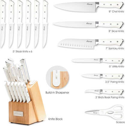 Knife Set, 15 PCS Full Tang Kitchen knife with Block and Sharpener | High Carbon German Stainless Steel Razor Sharp Knife Block Set, Dishwasher Safe, Ergonomic Handle Kitchen Utensils Set