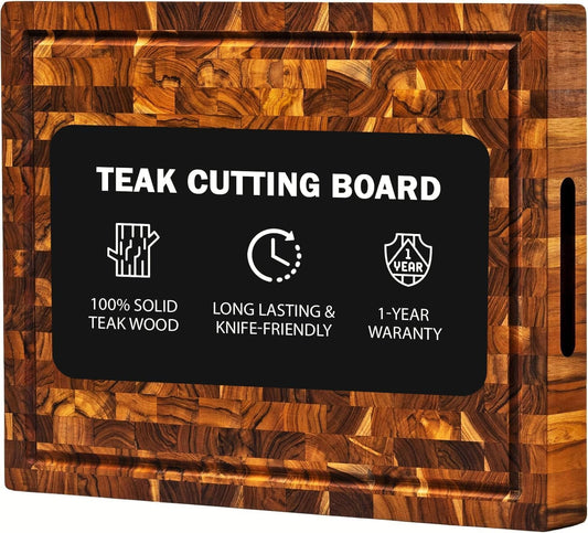 17 Inch Teak Wood End Grain Cutting Board with Juice Groove, Thick Wooden Reversible Butcher Block for Kitchen, Meat, Vegetables & Charcuterie (Large)