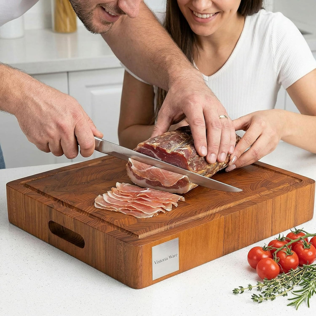17 Inch Teak Wood End Grain Cutting Board with Juice Groove, Thick Wooden Reversible Butcher Block for Kitchen, Meat, Vegetables & Charcuterie (Large)