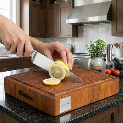 17 Inch Teak Wood End Grain Cutting Board with Juice Groove, Thick Wooden Reversible Butcher Block for Kitchen, Meat, Vegetables & Charcuterie (Large)