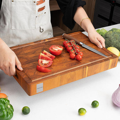 17 Inch Teak Wood End Grain Cutting Board with Juice Groove, Thick Wooden Reversible Butcher Block for Kitchen, Meat, Vegetables & Charcuterie (Large)