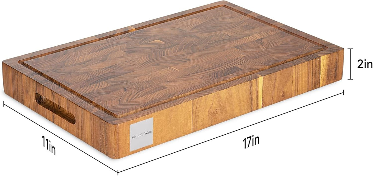 17 Inch Teak Wood End Grain Cutting Board with Juice Groove, Thick Wooden Reversible Butcher Block for Kitchen, Meat, Vegetables & Charcuterie (Large)