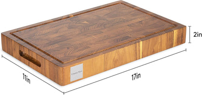 17 Inch Teak Wood End Grain Cutting Board with Juice Groove, Thick Wooden Reversible Butcher Block for Kitchen, Meat, Vegetables & Charcuterie (Large)