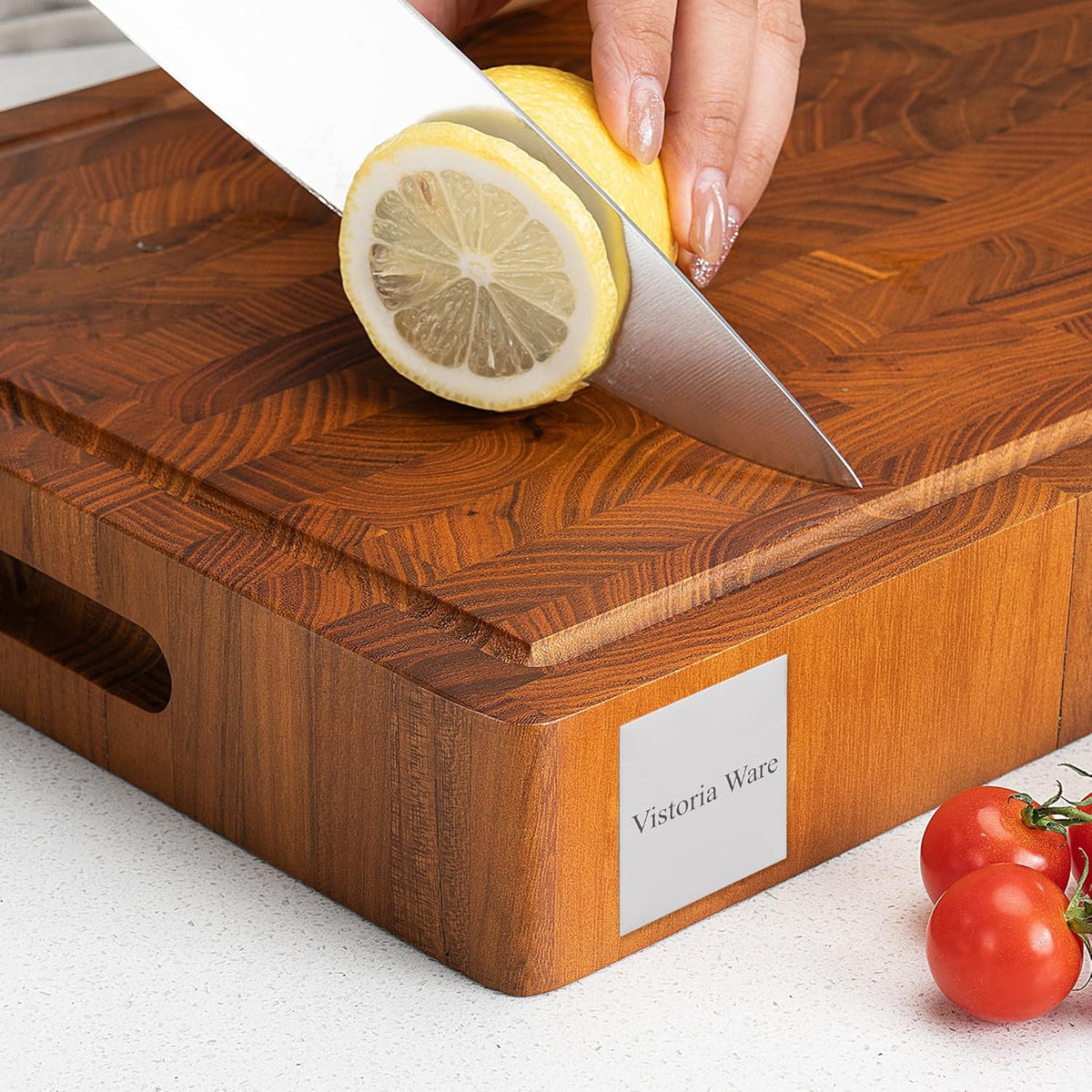 17 Inch Teak Wood End Grain Cutting Board with Juice Groove, Thick Wooden Reversible Butcher Block for Kitchen, Meat, Vegetables & Charcuterie (Large)