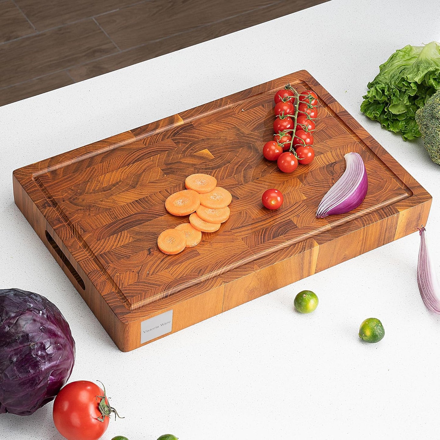 17 Inch Teak Wood End Grain Cutting Board with Juice Groove, Thick Wooden Reversible Butcher Block for Kitchen, Meat, Vegetables & Charcuterie (Large)