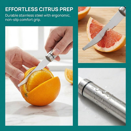 Stainless Steel Grapefruit Cutter - Serrated Curved Blades for Orange, Pomelo, Citrus Fruits Peeling and Flesh Separation with Non-Slip Handle