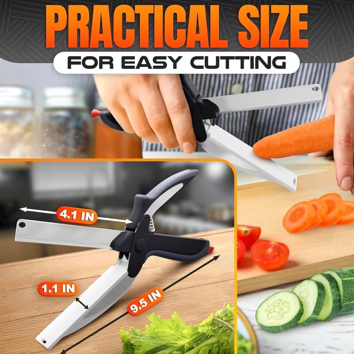 2 in 1 Kitchen Scissors for Food – Stainless Steel Blade & Plastic Cutting Board Scissors with Safety Lock | 9.5" Tomato Knife, Fruit & Vegetable Cutter – Easy-to-Use Kitchen Shears
