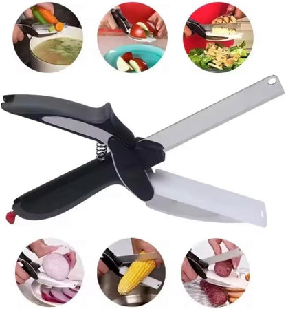 2 in 1 Kitchen Scissors for Food – Stainless Steel Blade & Plastic Cutting Board Scissors with Safety Lock | 9.5" Tomato Knife, Fruit & Vegetable Cutter – Easy-to-Use Kitchen Shears