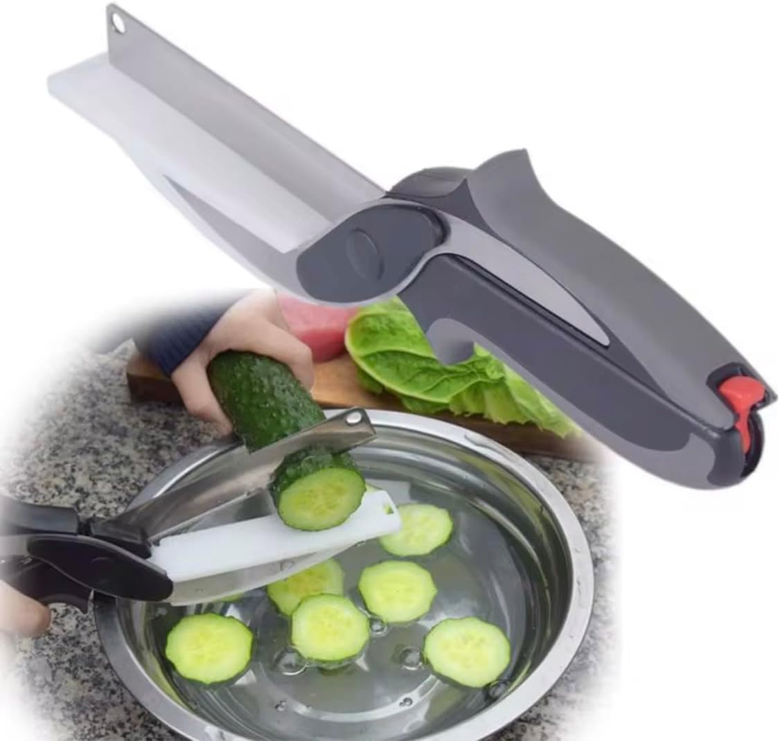 2 in 1 Kitchen Scissors for Food – Stainless Steel Blade & Plastic Cutting Board Scissors with Safety Lock | 9.5" Tomato Knife, Fruit & Vegetable Cutter – Easy-to-Use Kitchen Shears
