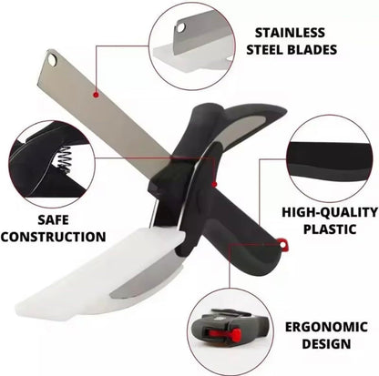 2 in 1 Kitchen Scissors for Food – Stainless Steel Blade & Plastic Cutting Board Scissors with Safety Lock | 9.5" Tomato Knife, Fruit & Vegetable Cutter – Easy-to-Use Kitchen Shears
