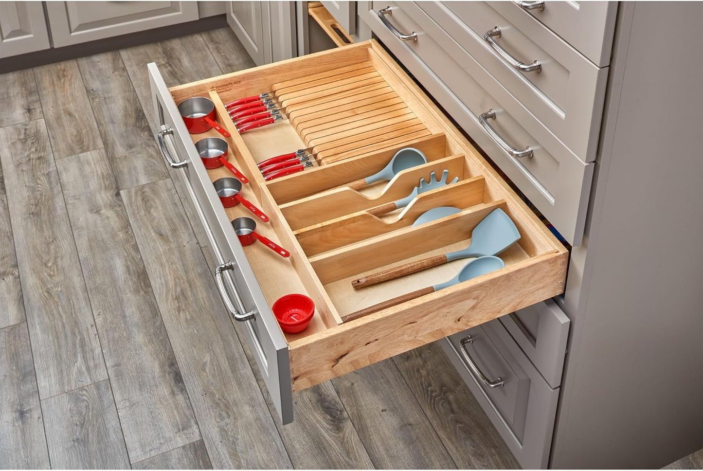 Trim-to-Custom-Fit Wooden Kitchen Drawer Divider and Knife Block Utility Holder Tray Organizer Insert, 33.13 x 22 In, Maple, 4WUTKB-36SH-1