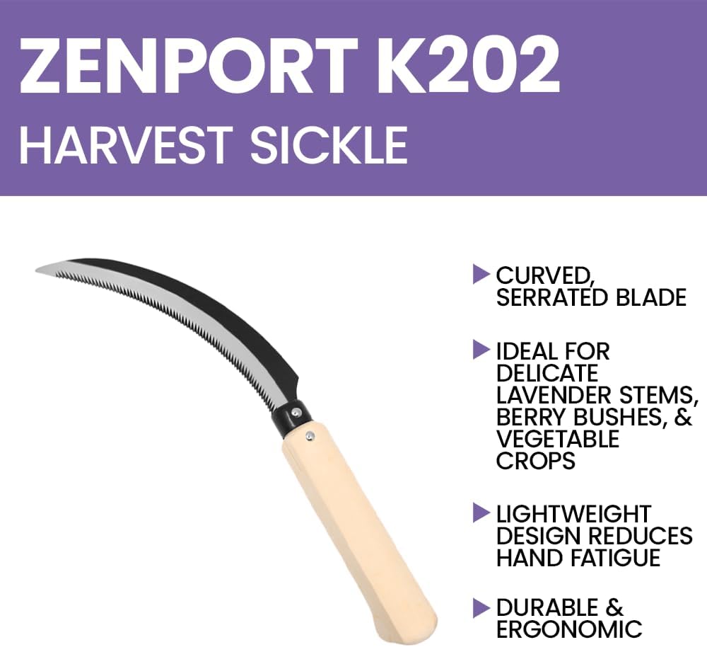 K202 Lavender Harvest Sickle/Berry Knife, Notched Wooden Handle, 6.5-Inch Curved Serrated Blade