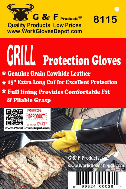 Leather Heat-Resistant BBQ Gloves, Kevlar Stitch, 1 Size