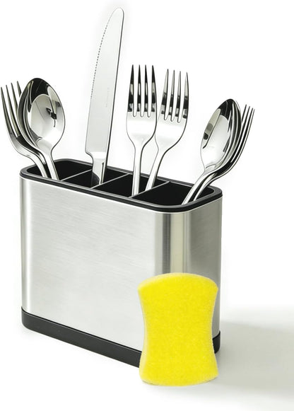 Stainless Steel Utensil Holder, 4 Compartment Kitchen Caddy with Drainage Holes and Non-Slip Base, Countertop Silverware Organizer for Spoons, Forks and Knives, Dishwasher Safe
