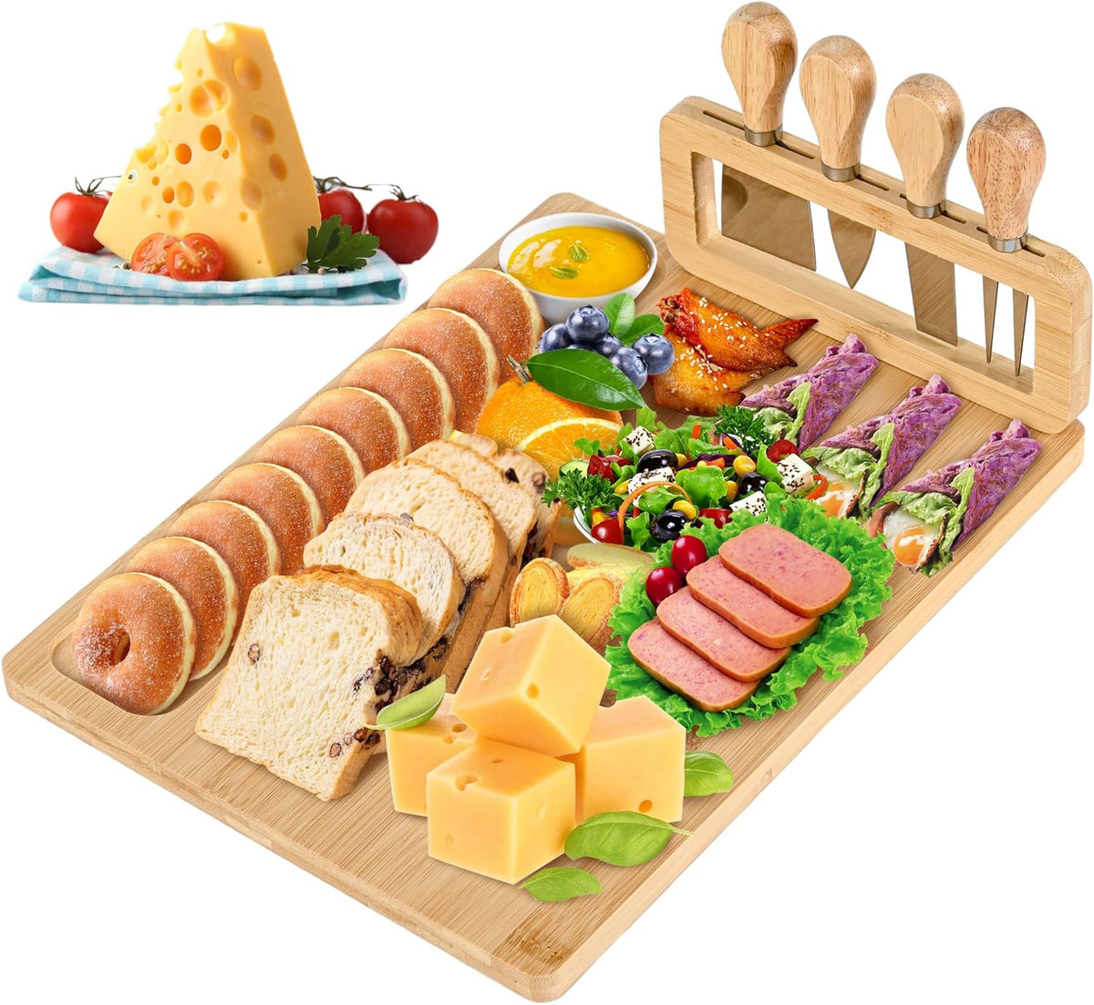 Bamboo Cheese Board and Knife Set - 14” x 11” Large Charcuterie Boards Set, Cheese Tray Platter Servers with Clasp Knife Holder, Gift for Valentines, Anniversary, Housewarming, Thanksgiving