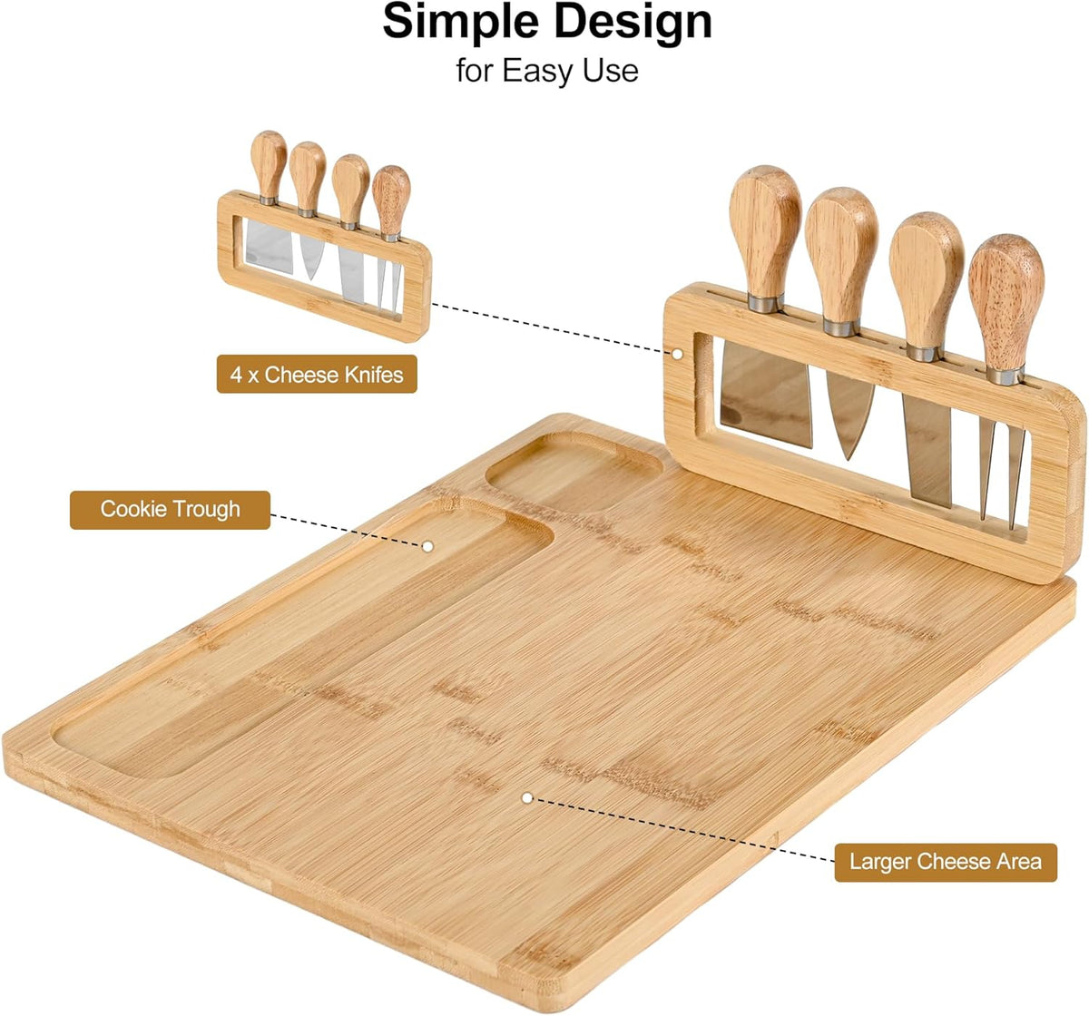 Bamboo Cheese Board and Knife Set - 14” x 11” Large Charcuterie Boards Set, Cheese Tray Platter Servers with Clasp Knife Holder, Gift for Valentines, Anniversary, Housewarming, Thanksgiving