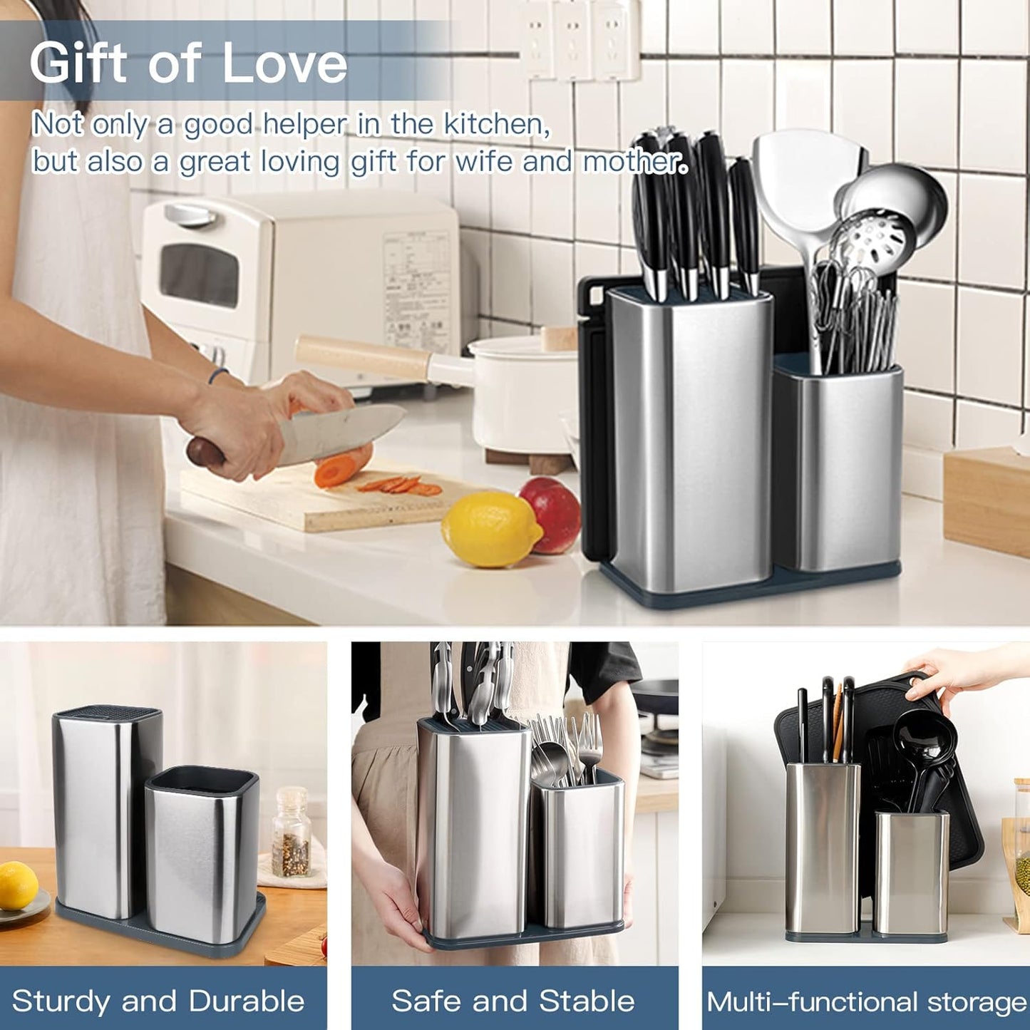 Universal Knife Block, Stainless Steel Universal Knife Holder Block Without Knives, Modern Kitchen Knife Storage Organizer for Countertop (with Cleaning Brush) (Stainless Steel/Silver)