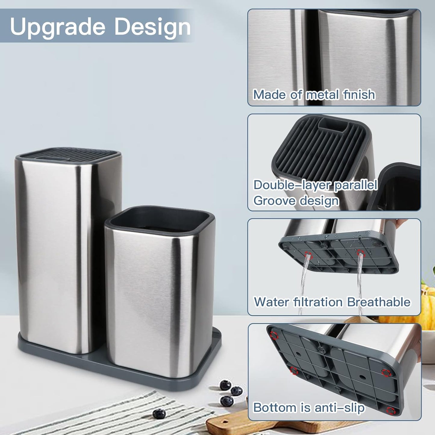 Universal Knife Block, Stainless Steel Universal Knife Holder Block Without Knives, Modern Kitchen Knife Storage Organizer for Countertop (with Cleaning Brush) (Stainless Steel/Silver)