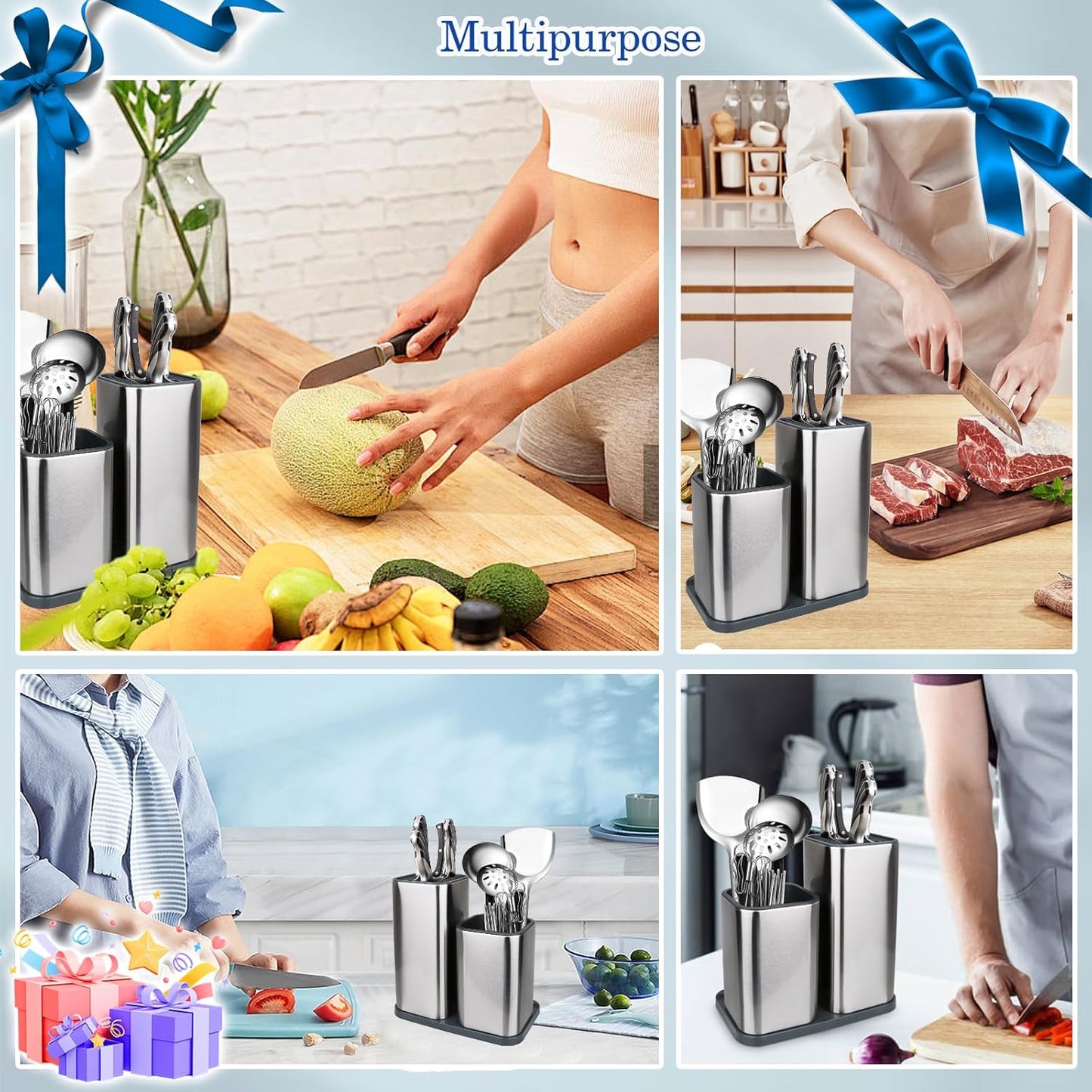 Universal Knife Block, Stainless Steel Universal Knife Holder Block Without Knives, Modern Kitchen Knife Storage Organizer for Countertop (with Cleaning Brush) (Stainless Steel/Silver)