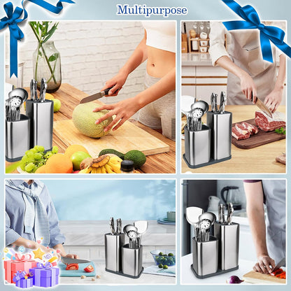 Universal Knife Block, Stainless Steel Universal Knife Holder Block Without Knives, Modern Kitchen Knife Storage Organizer for Countertop (with Cleaning Brush) (Stainless Steel/Silver)