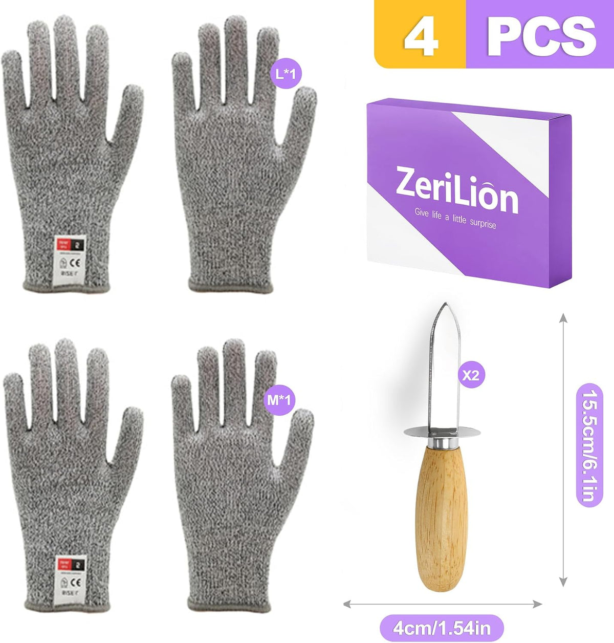 4 Pack Oyster Shucking Knife Set Stainless Steel Oyster Knives with 2 pas Cut Resistant Gloves Oyster Opener Clam Knife Shucker Tool Kit for Seafood Shellfish