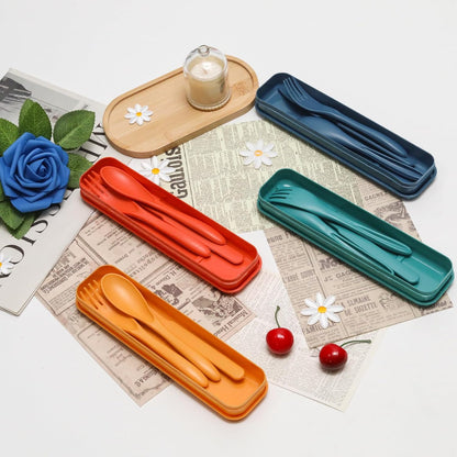 4 Sets Reusable Utensils with Case, Wheat Straw Travel Cutlery Portable Knife Fork and Spoon, Lunch Utensils Set for Camping Travel (Autumn)