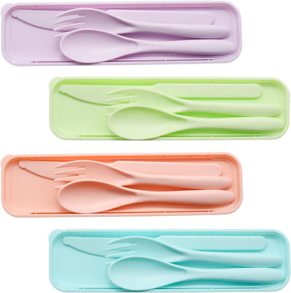4 Sets Reusable Utensils with Case, Wheat Straw Travel Cutlery Portable Knife Fork and Spoon, Lunch Utensils Set for Camping Travel (Autumn)